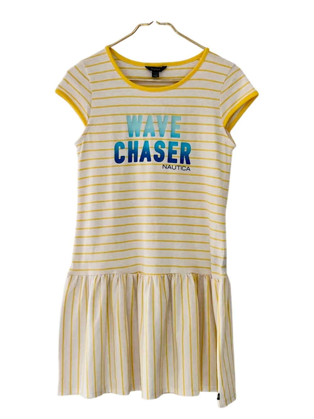 Nautica Wave Chaser Stripe Dress Girls XL 16 Yellow Blue NWT
